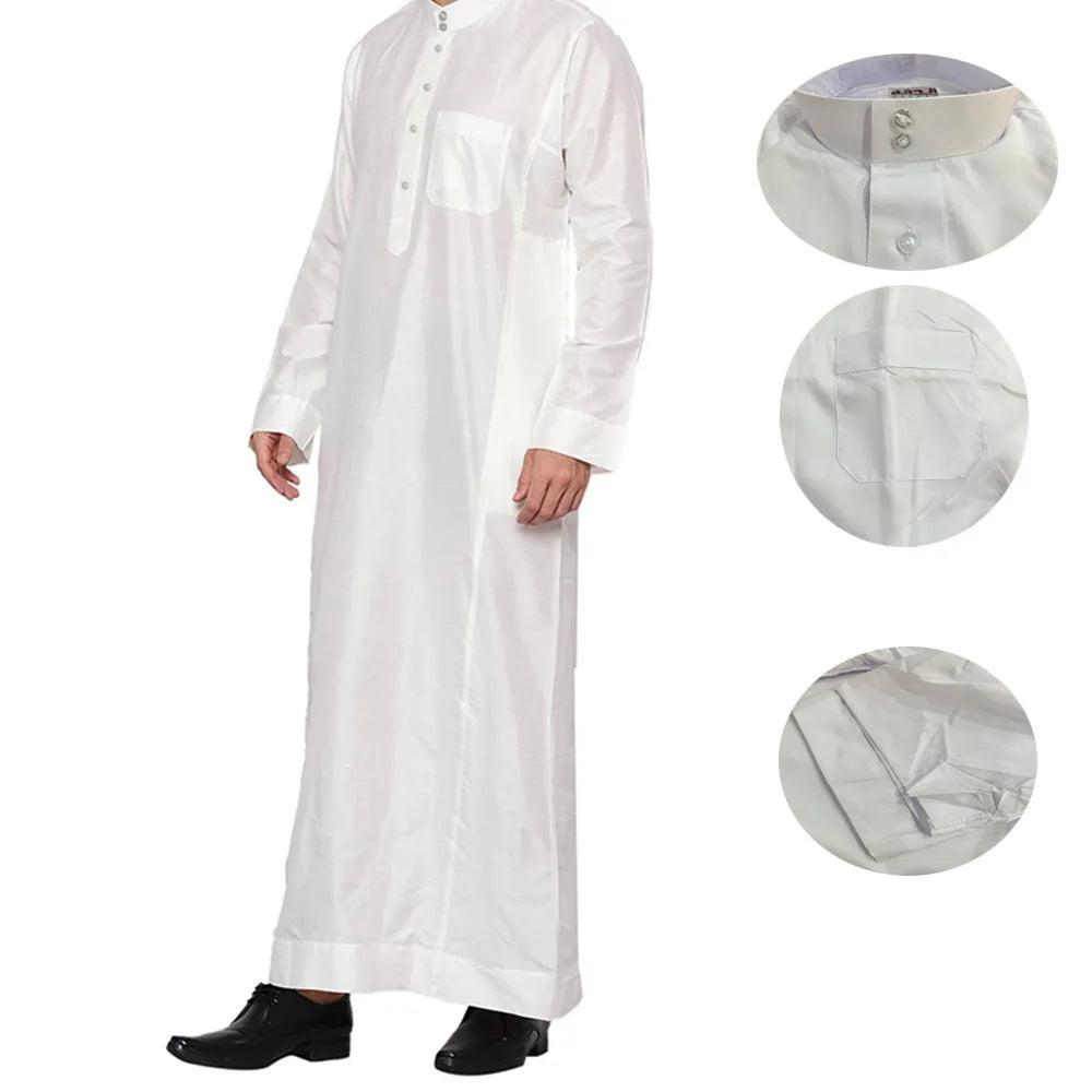 Qatar Stand Collar Polyester Men's Robe Pocket Design Loose Arab Middle East Dubai Travel Clothing