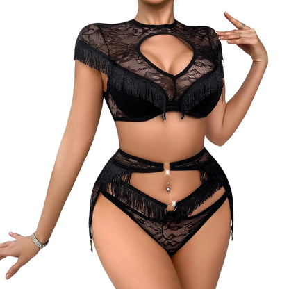 Light Chinese style tassel decoration, perspective splicing, lace shaping, backless, and airy sexy lingerie three piece set