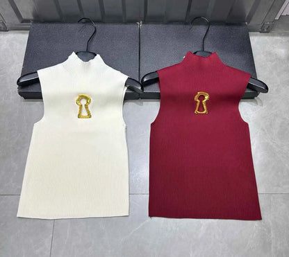 Spring Summer Solid Spliced Metal Buckle Slimming Knit Tshirt For Women Turtleneck Sleeveless Minimalist T Shirt Female Fashion