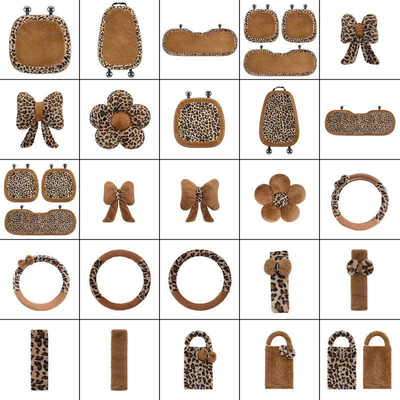 Fashion Leopard Print Car Seat Cover Soft Plush Leopard Steering Wheel Cover Winter Women Auto Interior Accessories Seat Pad
