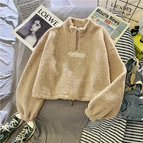 Autumn Winter Fleece Lined Half Zip up Stand Collar Sweatshirt Women's Loose Short Style Lamb Velvet Student Top Coat
