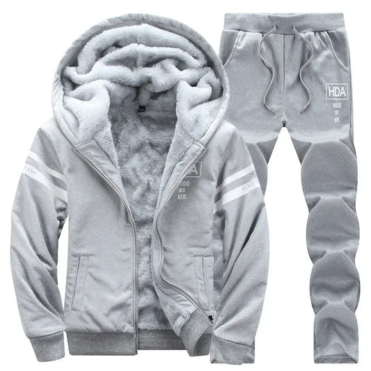 Winter Men Set Casual Warm Thick Hooded Jacket+Pants 2PC Sets Men Inner Fleece Hoodies Zipper Tracksuit Male Sports Suit Outwear