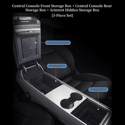 For Tesla Model 3/Y/YL 2024-2026 Hidden Storage Center Console Armrest Front And Rear Flocking Layered Grid Organized Container