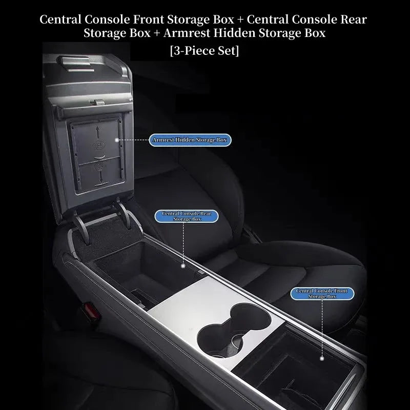 For Tesla Model 3/Y/YL 2024-2026 Hidden Storage Center Console Armrest Front And Rear Flocking Layered Grid Organized Container