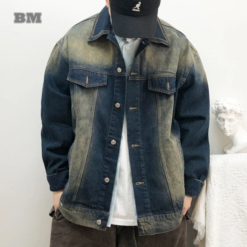 American Vintage Heavyweight Denim Jackets For Men Distressed Washed Fade Korean Streetwear Casual Coat Outerwear High Quality