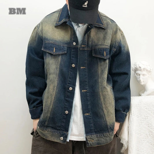 American Vintage Heavyweight Denim Jackets For Men Distressed Washed Fade Korean Streetwear Casual Coat Outerwear High Quality