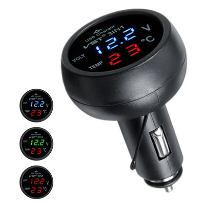 3 in 1 12V/24V LED Digital Voltmeter With Power Supply Current Meter for Car Cigarette Lighter Thermometer With Type C Socket