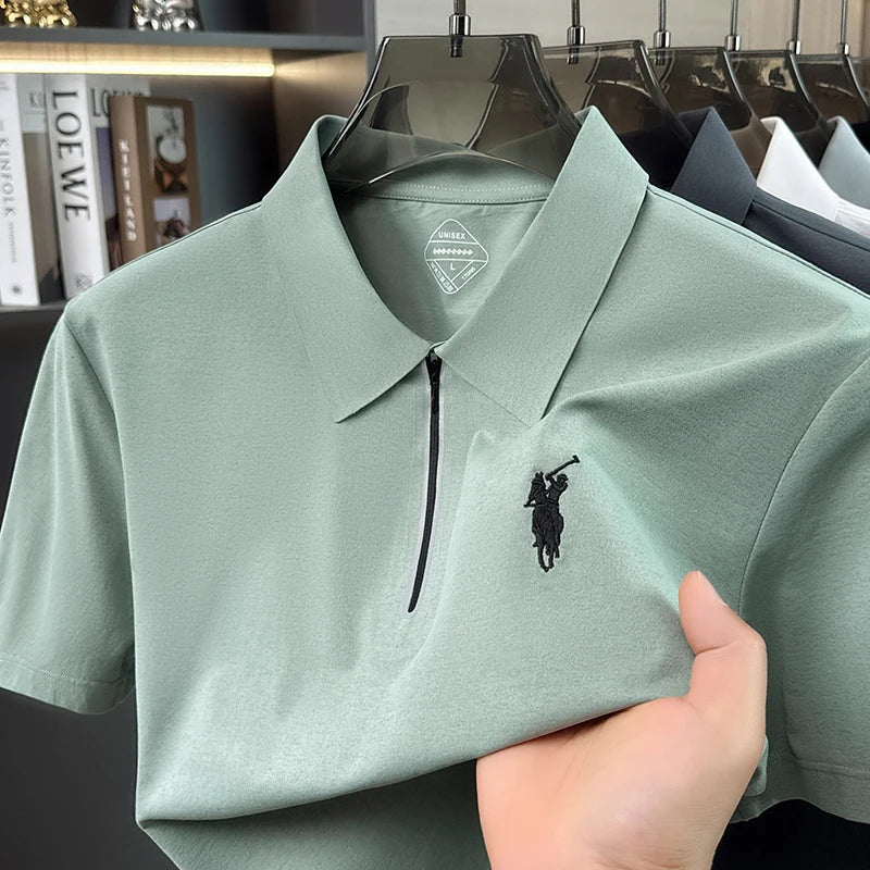 Summer New Ice Silk Cool Short Sleeved Polo Shirt, Skin Friendly, Breathable, Lapel Zipper, Business Casual T-shirt for Men