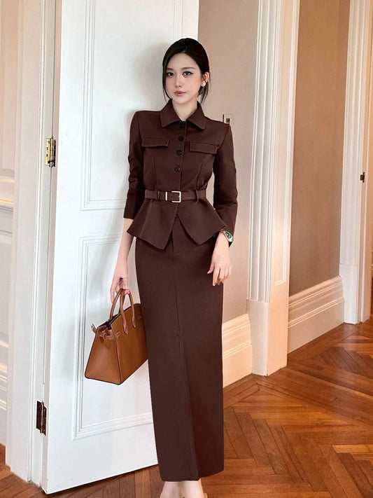 Autumn 2026  Collar Long Sleeve Half Skirt Set Vintage Style Two Piece Suit High Waist Universal Fit  Color JT0103A