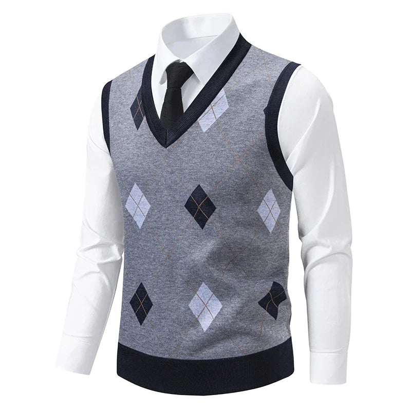 Men's Knitted Warm Sweater in Autumn and Winter V-neck Vest Diamond Grid Twisted Flower Casual Fashion Versatile Top