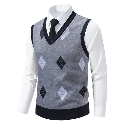 Men's Knitted Warm Sweater in Autumn and Winter V-neck Vest Diamond Grid Twisted Flower Casual Fashion Versatile Top