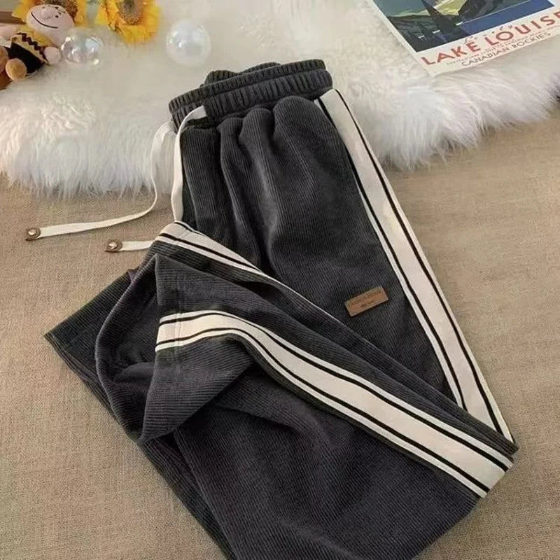 Corduroy Men Casual Sweatpants Straight Thick Wide Leg Pants Autumn Winter Streetwear Outdoor Sports Work Joggers Trousers Male