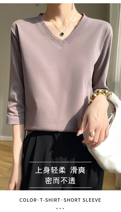 Spring And Summer New White Mercerized Cotton Cropped Sleeve T-shirt Feminine Joker 100% Cotton Bottoming Shirt Half Sleeve