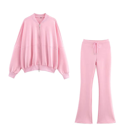 KONDALA Fall Women Elegant Pant Set Simple O-Neck Zipper Jacket, Slim Drawstring Flared Pants 2025 Spring Autumn Casual Lady Set