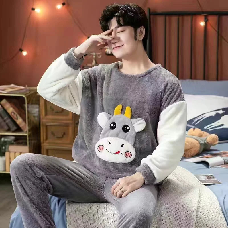 Cartoon Green Dinosaur Design Pajamas for Men Korean Kawaii Cute Letter Print Men's Pajamas 2024 Autumn Winter Warm Sleepwear