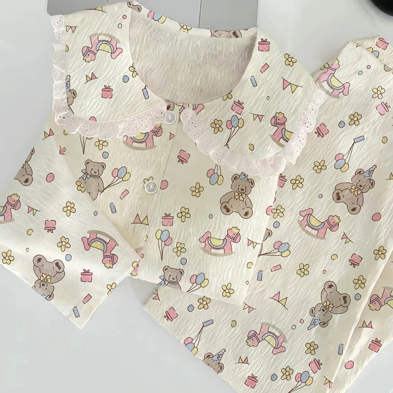 Cloud Cotton Sleepwear Set for Women Casual Spring Autumn Long Sleeve Long Pants Home Clothes  Plant Floral Print