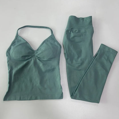 2 Pieces Sports Set Women Backless Tank Yoga Tops High Waist Scrunch Seamless Shorts Sport Gym Set Sportswear Workout Set