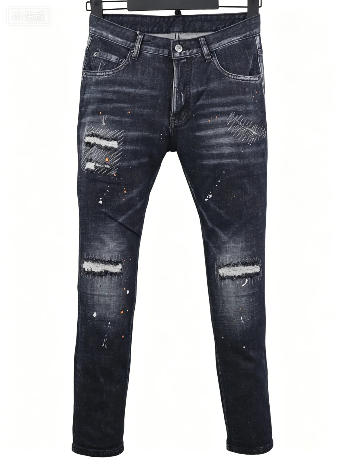 6058 Four Seasons New Men's Wash Grinding Hole Patch Paint Splash Ink Micro-bullet Leg Grey Jeans for Men