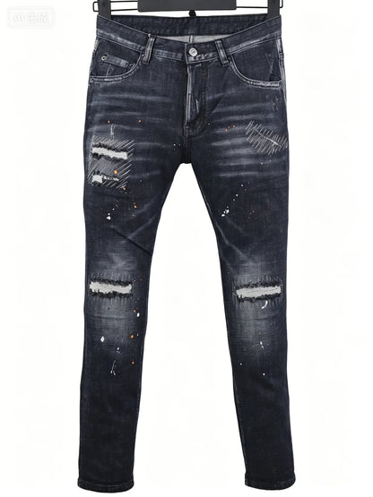 6058 Four Seasons New Men's Wash Grinding Hole Patch Paint Splash Ink Micro-bullet Leg Grey Jeans for Men