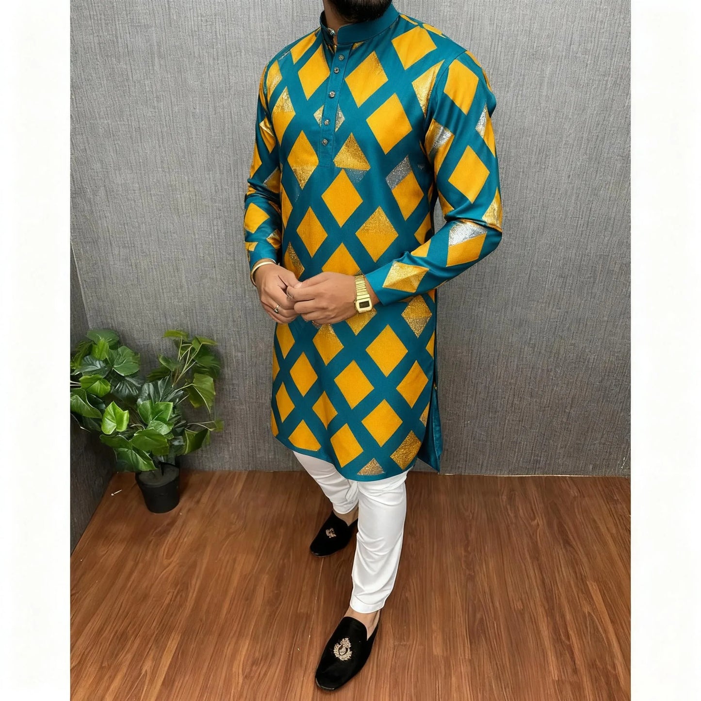 Men Islamic Arabic Abaya Robe Ethnic Print Stand Collar Youth Mid-length Shirt Luxury Coat Moslim Kleding Vestiti Musulmani Uomo