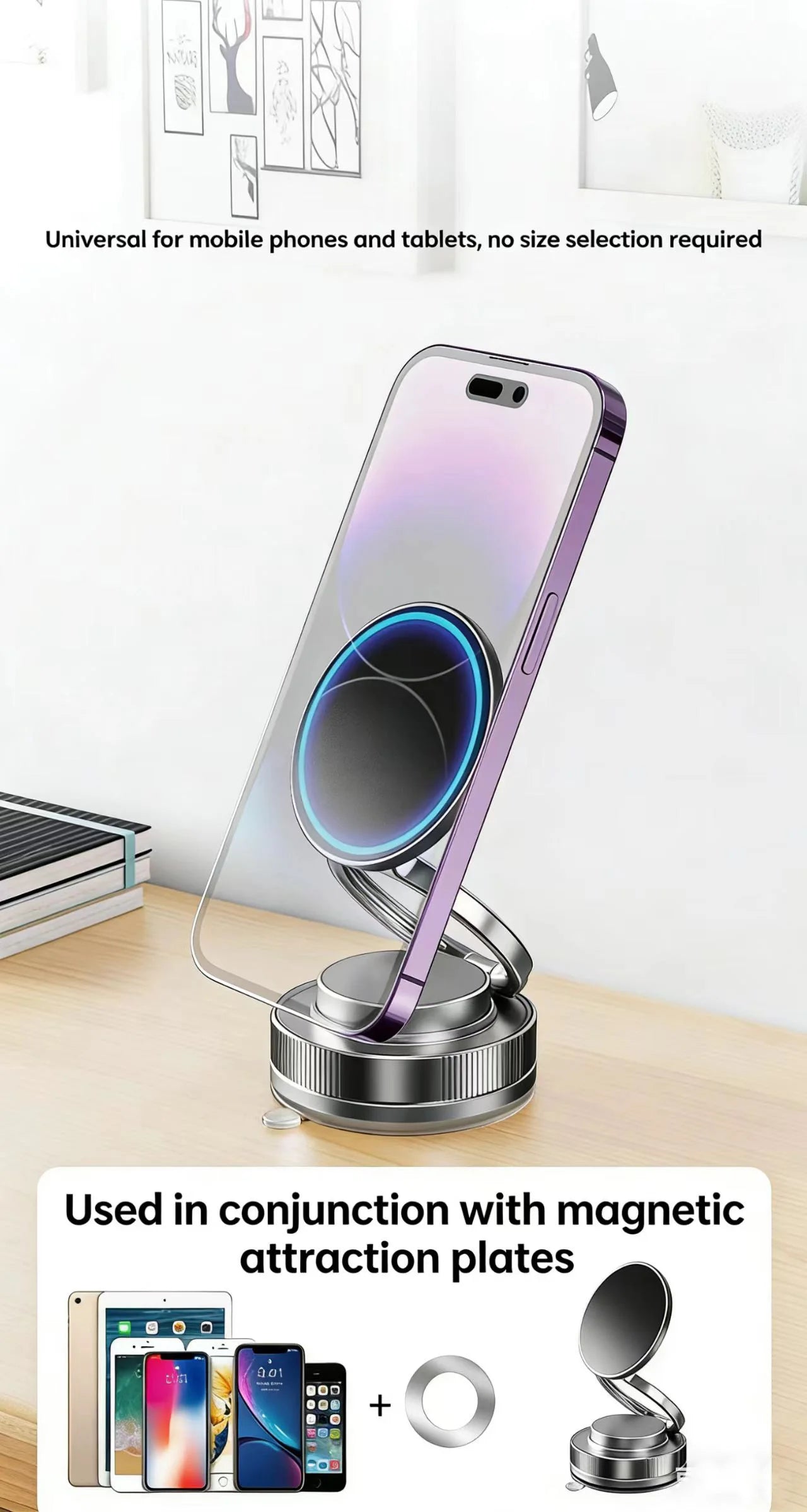 Magnetic Car Phone Holder 360° Rotatable Foldable & Adjustable Magnetic Auto Mount ,Suction Cup Phone Holder for Car/Mirror