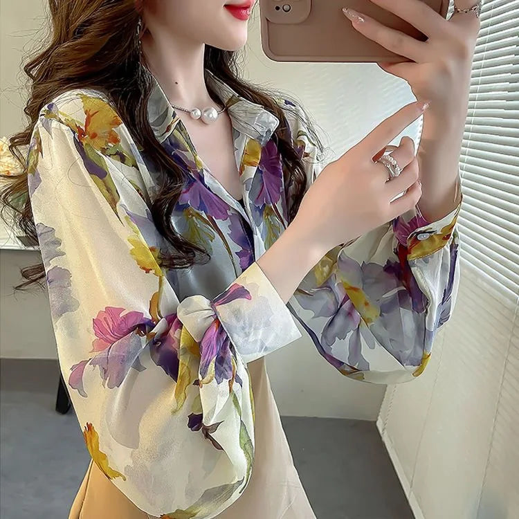 Fashionable Spring Shirt Elegant Korean Style Loose Lantern Sleeve Floral Print Chiffon Top Women's Business Casual Blouse