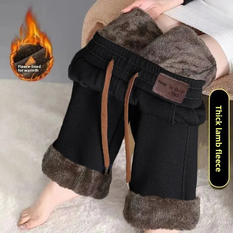 Women's Fleece Lined Wide Leg Pants High Waist Elastic Casual Mom Straight Leg Jeans Style Autumn Winter Fashion Loose Fit