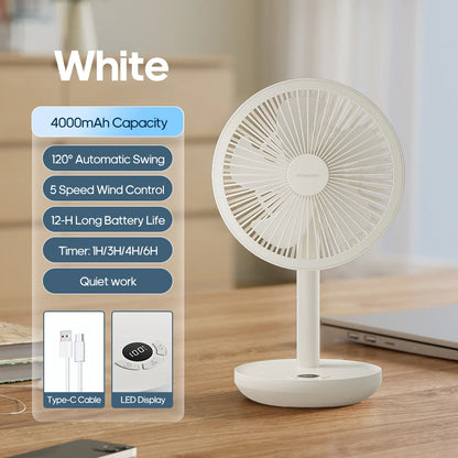 KINSCOTER Smart Oscillating Desktop Fan 5 Gear Wind Speeds Angle Adjustable 4000mAh Rechargeable Fan for Home Office Room