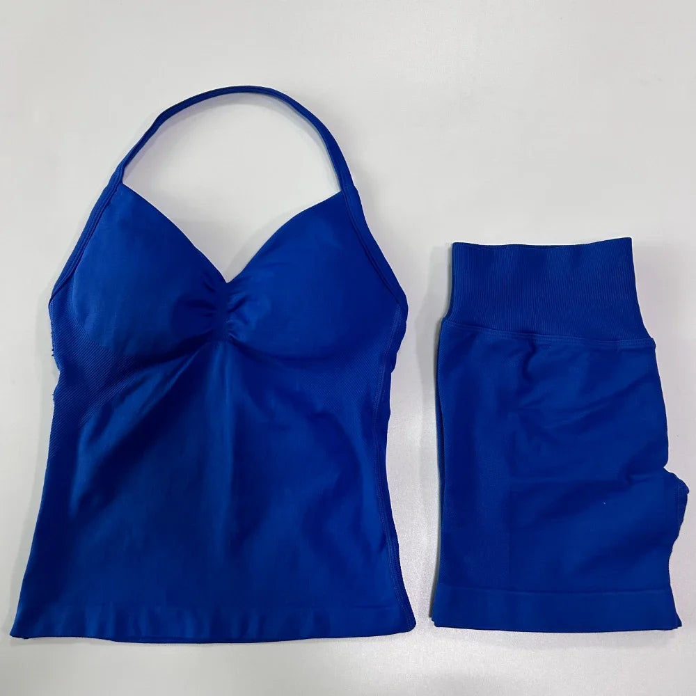 2 Pieces Sports Set Women Backless Tank Yoga Tops High Waist Scrunch Seamless Shorts Sport Gym Set Sportswear Workout Set