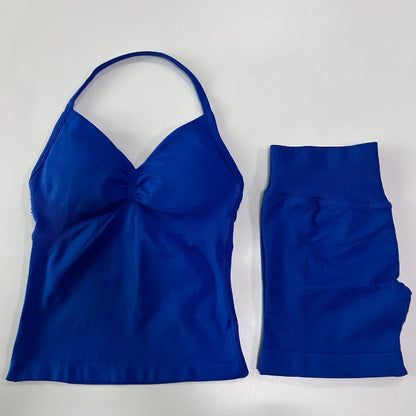 2 Pieces Sports Set Women Backless Tank Yoga Tops High Waist Scrunch Seamless Shorts Sport Gym Set Sportswear Workout Set