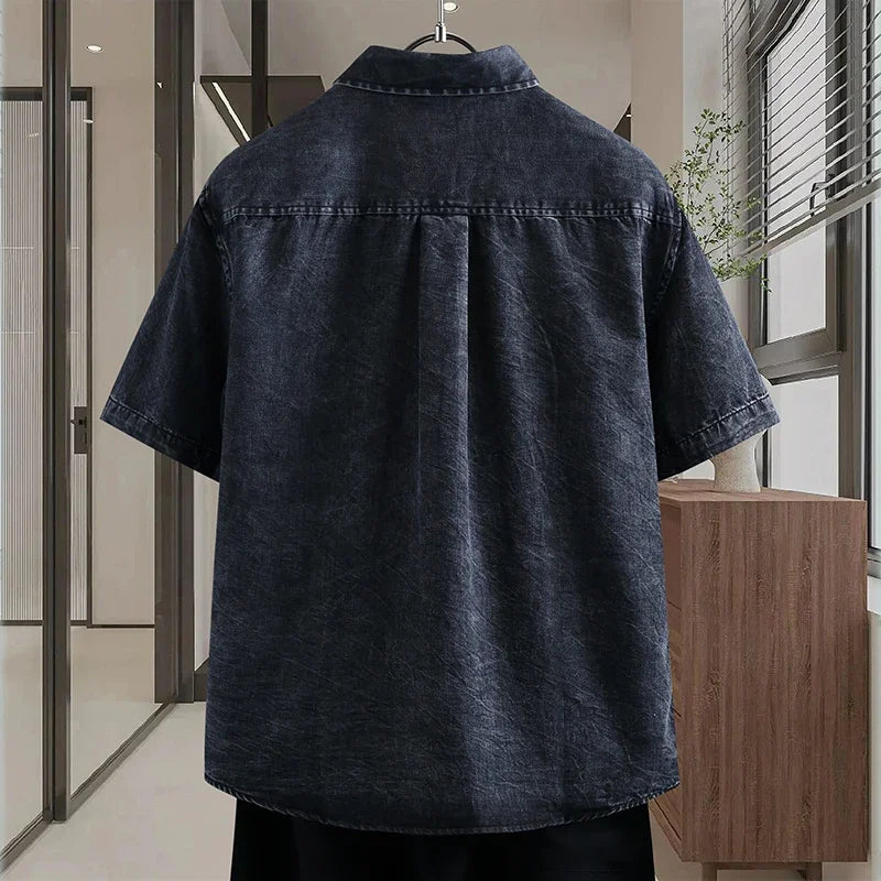 Men's Thin Denim Shirt New Summer Fashion Breathable Cotton Blend Casual Short Sleeve Shirt Solid Color Daily Commute Streetwear