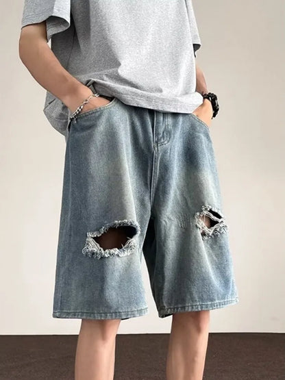 Vintage American High Street Washed Hole Denim Shorts Men's Summer Loose Straight Five-Point Pants Casual mid Waist Jeans