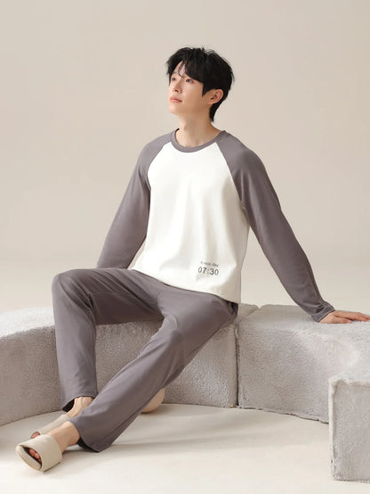 Men's 100% cotton long sleeved four season plus size men's sleepwear, teenage pure cotton home suit set for warmth
