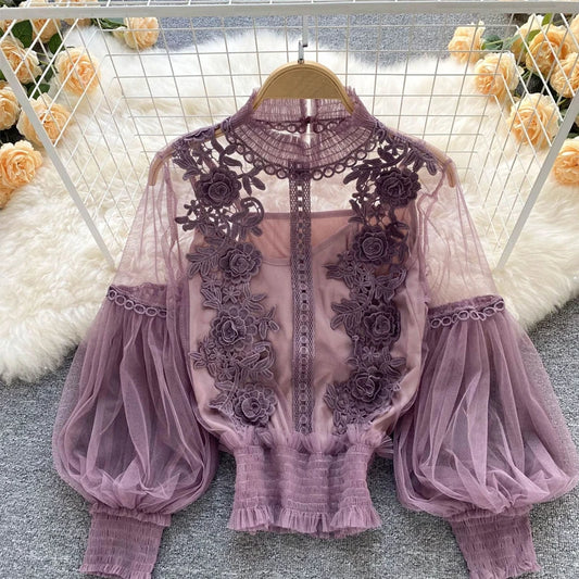 Summer Elegant Lace Blouses Korean Style Women's Clothing Casual Long Sleeve Tops Blusas Feminina Elegante Estilosa Y338