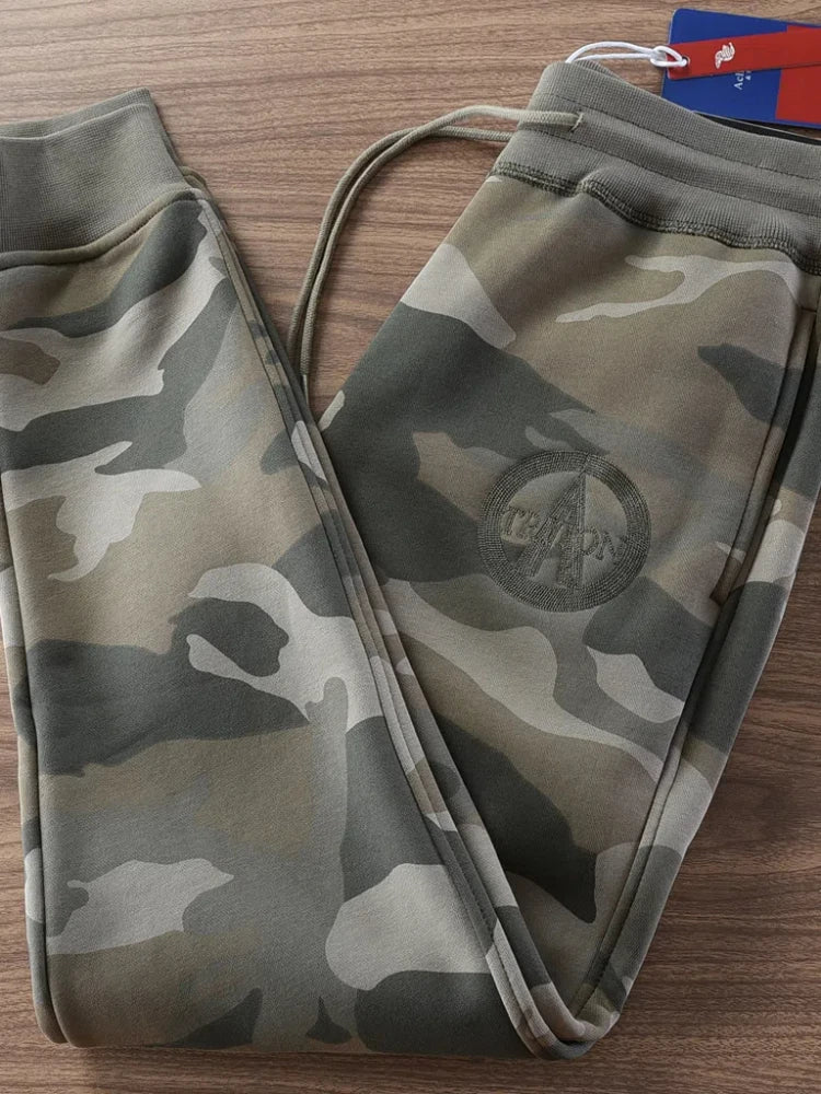 Winter American Retro Thickened Velvet 3D Letter Camouflage Sweatpants Men's Fashion Drawstring Sports Casual Ankle-tied Pants