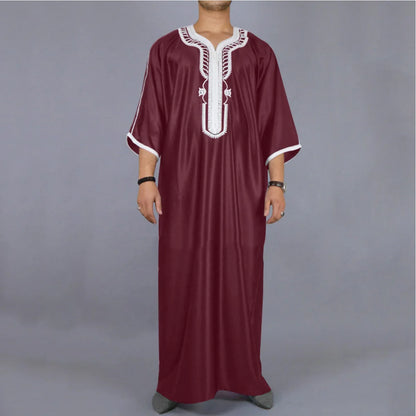 Ethnic Clothing Outfit Mens Plain Black Muslim Embroidered Robe Long Shirt Casual Youth Traditional Daily Fashion