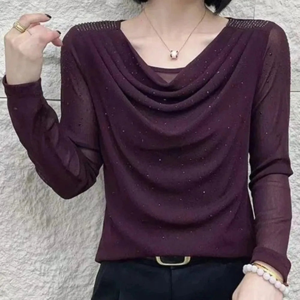Ladies Fashion Slim Simplicity Elegant Trend Sexy Temperament Solid Color Long Sleeve Net Yarn Pullover Summer New Style Tops