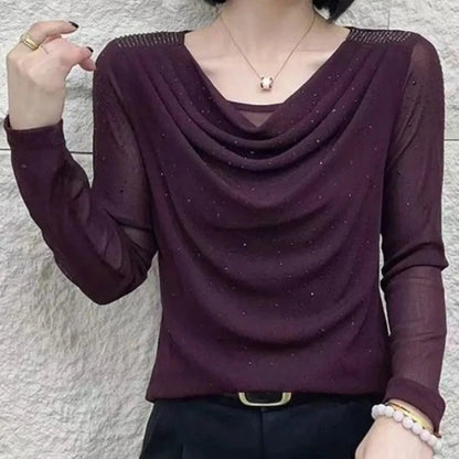 Ladies Fashion Slim Simplicity Elegant Trend Sexy Temperament Solid Color Long Sleeve Net Yarn Pullover Summer New Style Tops