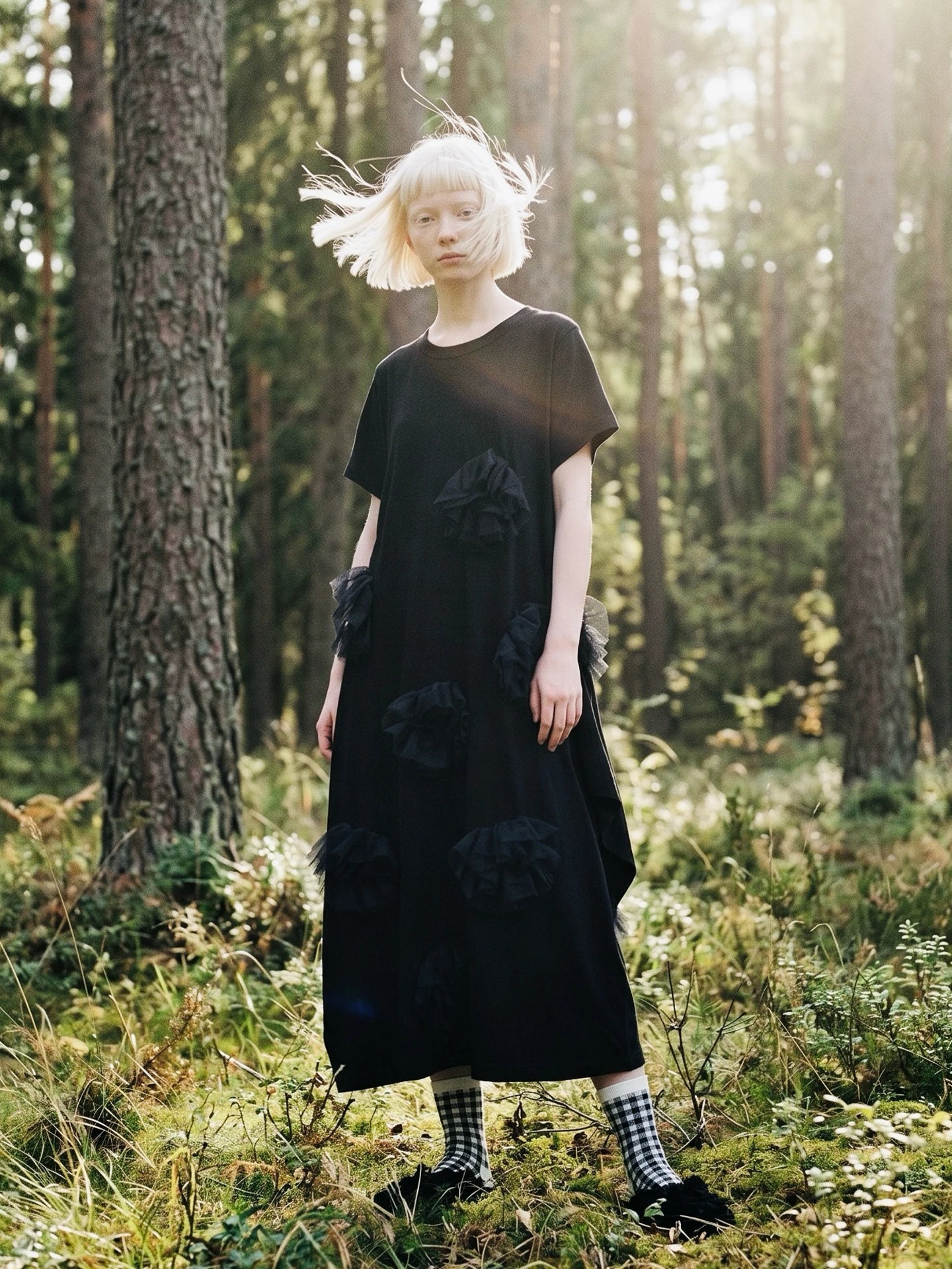 Black dress imakokoni spring loose irregular pure cotton flower design medium long short sleeved skirt for women 265432