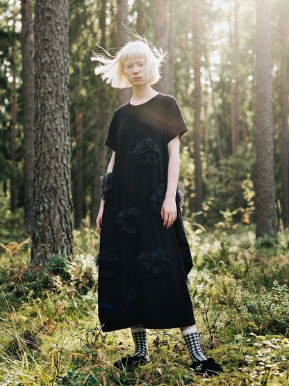 Black dress imakokoni spring loose irregular pure cotton flower design medium long short sleeved skirt for women 265432