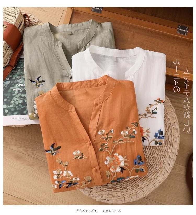 Large Size Mom Embroidered irt Women's Spring New Cotton Linen irt High End f Sve Seven Sve Women's Top
