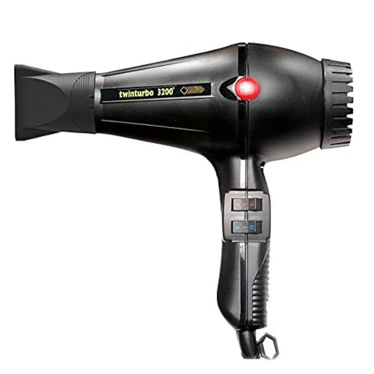Professional high-speed hair dryer for salon use, black ABS plastic, black color, 3200W turbo power with hot blow attachment fo
