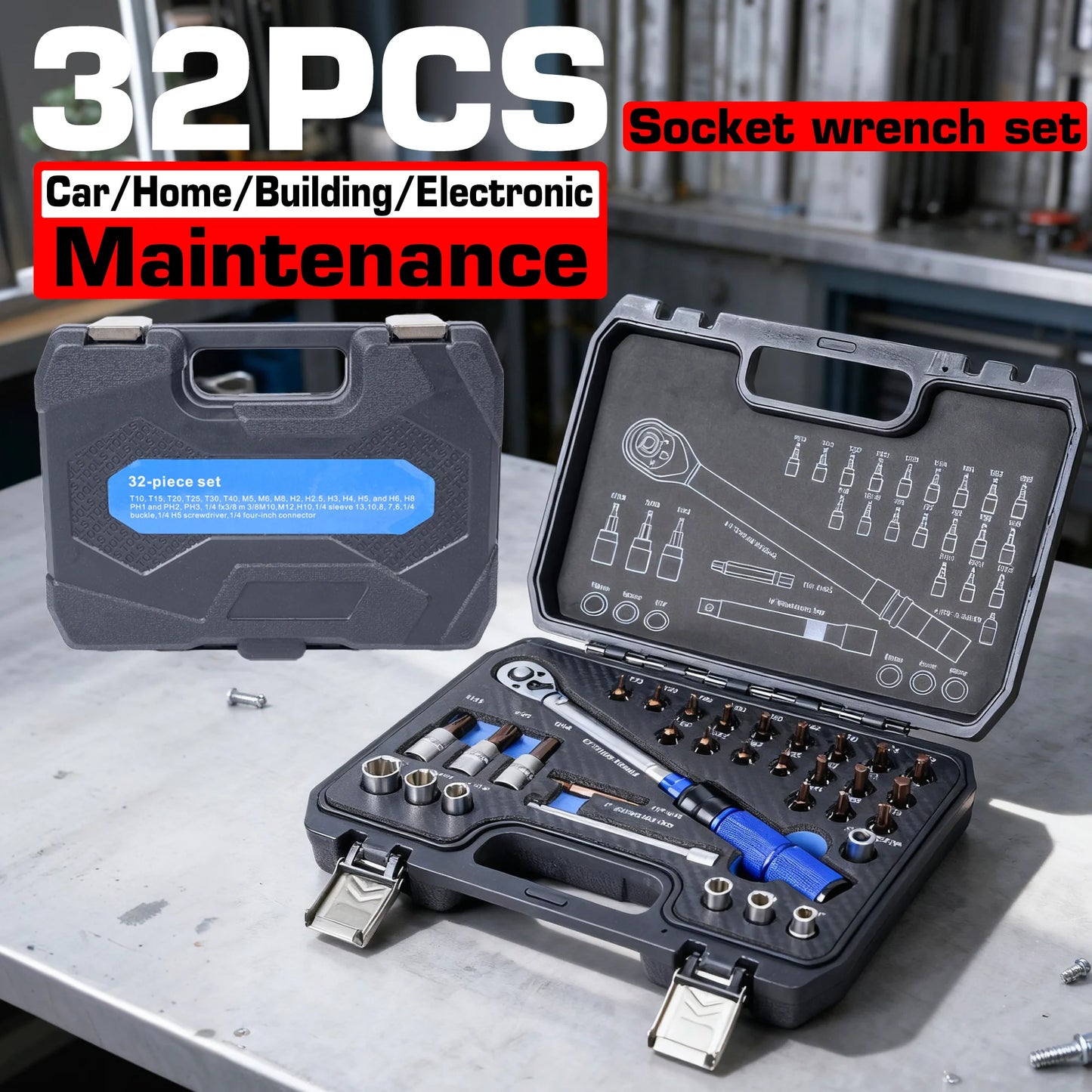 Iron-Strong! Durable 32-Piece Multifunctional Ratchet Socket Tool Box Set, All-In-One Socket Ratchet Wrench Set, Universal Tool Box for Auto Repair and Home Maintenance
