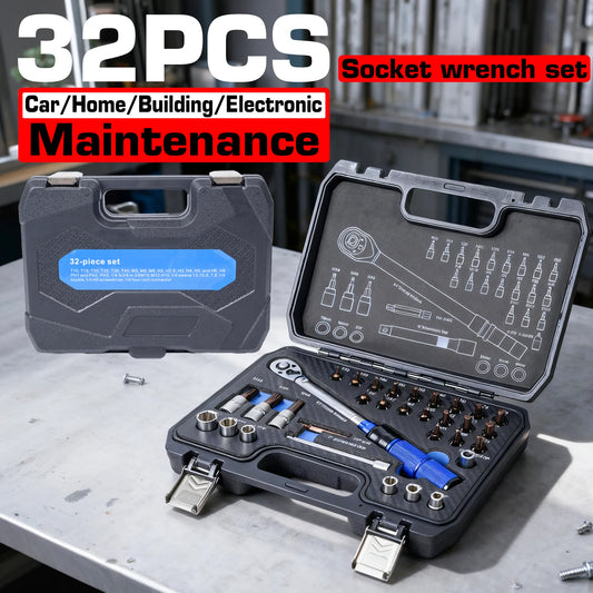 Iron-Strong! Durable 32-Piece Multifunctional Ratchet Socket Tool Box Set, All-In-One Socket Ratchet Wrench Set, Universal Tool Box for Auto Repair and Home Maintenance
