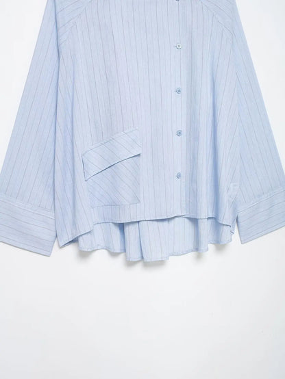 Women's Striped Shirt with Pocket New Spring Long Cuffed Sleeve O Neck Simple Women Shirt & Blouses Asymmetric Hem Female Tops