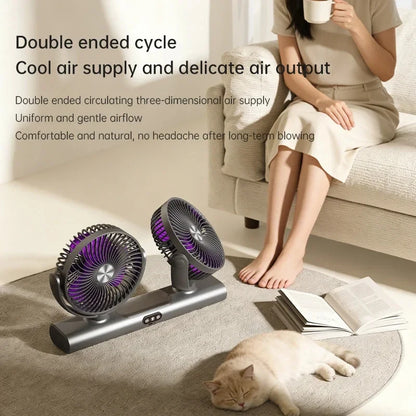 Rechargeable 3 Speed Desk Fan with Light, Dual Head Air Circulation Fan, Type-C Charging, Multi-Mount Portable Air Circulator