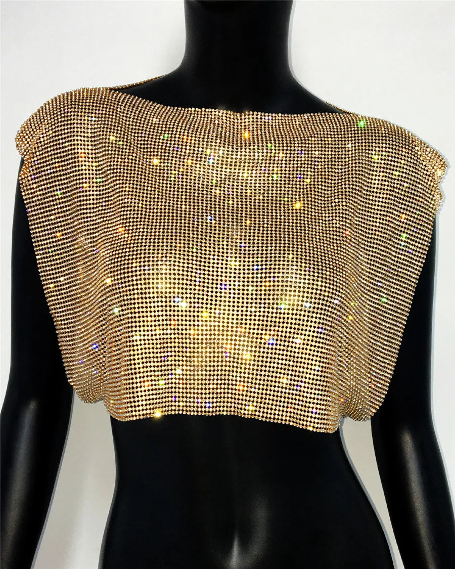Shiny Rhinestone Metal Sequins Crop Tops Summer Women Sexy Round Neck Handmade Camisole Nightclub Party Club Tank Tops