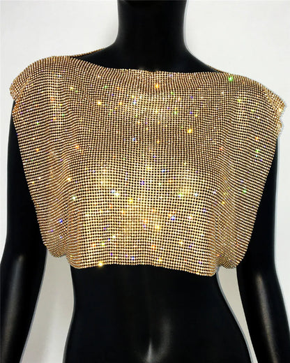Shiny Rhinestone Metal Sequins Crop Tops Summer Women Sexy Round Neck Handmade Camisole Nightclub Party Club Tank Tops