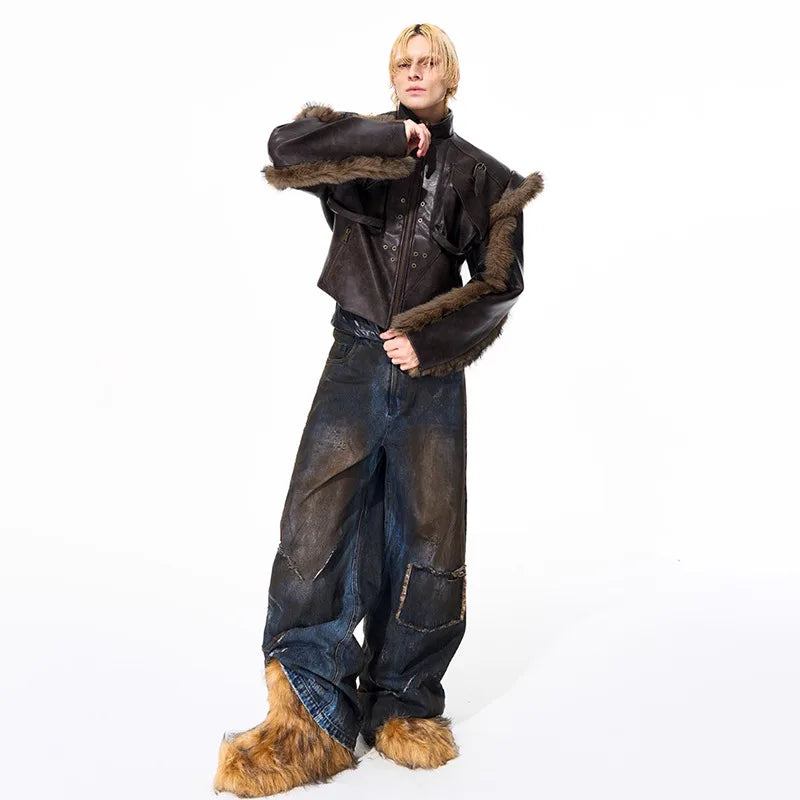 LUZHEN Fashion Personalized High Street Fur Patchwork Design Leather Jacket Men's Winter 2025 New High Quality Male Coat JY4886