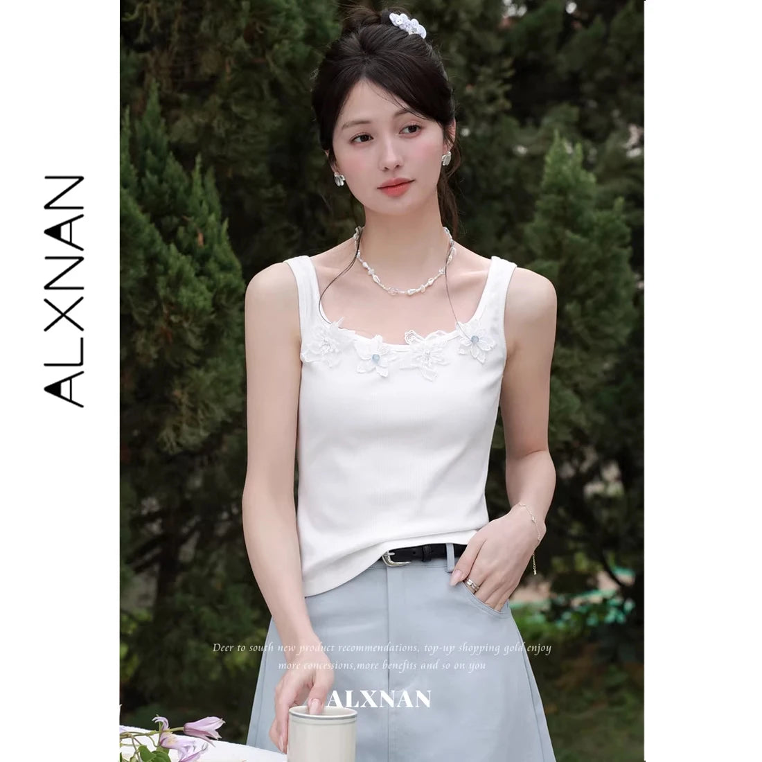 ALXNAN White Tank Tops Women 3D Floral Design Elegant Square Neck Camisole Summer Casual Cotton Female Sleeveless Tops L62833